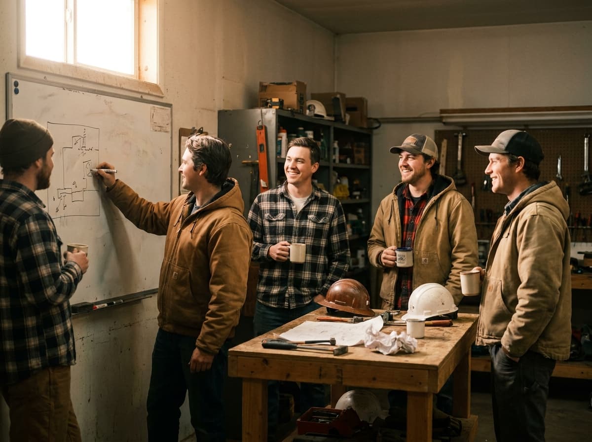 Team huddle in a workshop break room