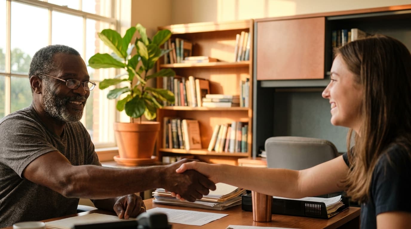 Two people shaking hands across a desk in a warm office