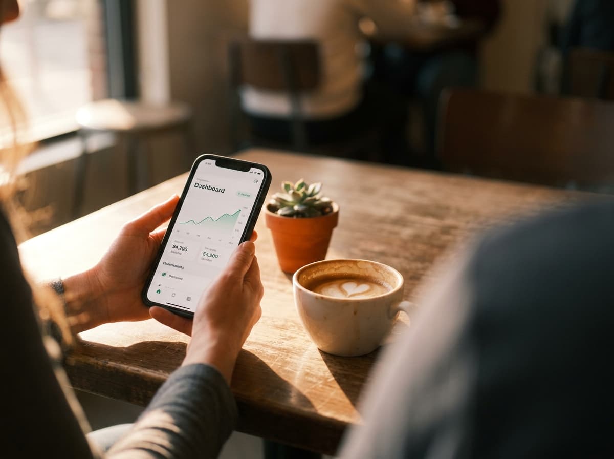 Checking financial progress on a phone at a cafe