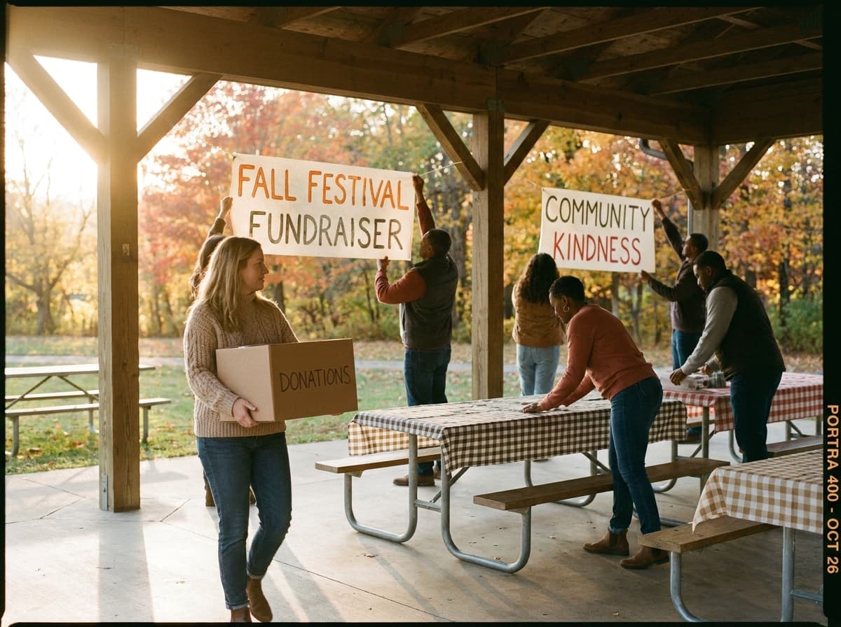 Volunteers setting up for a community fundraiser