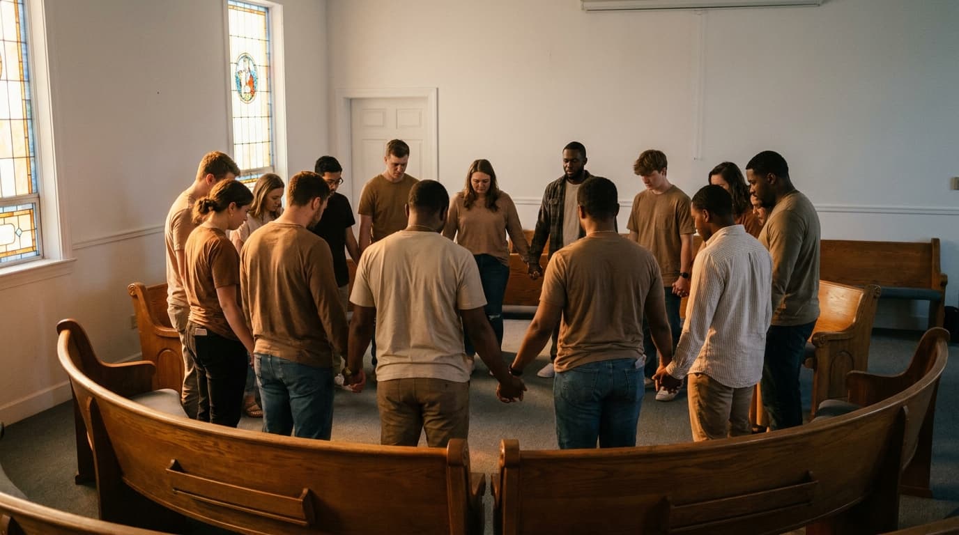 Church congregation standing in a prayer circle